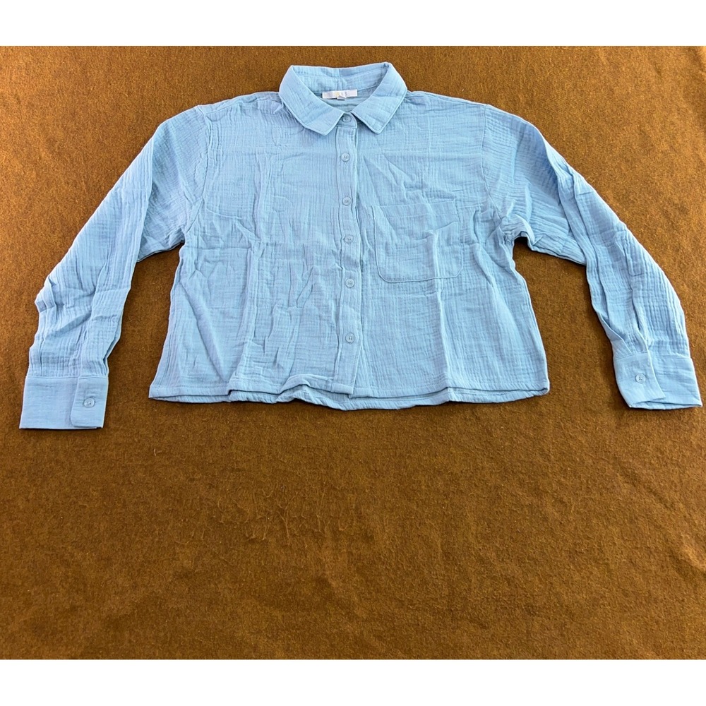 IRIS Womens Medium Blue Cotton Gauze Button Down Long Sleeve Shirt New